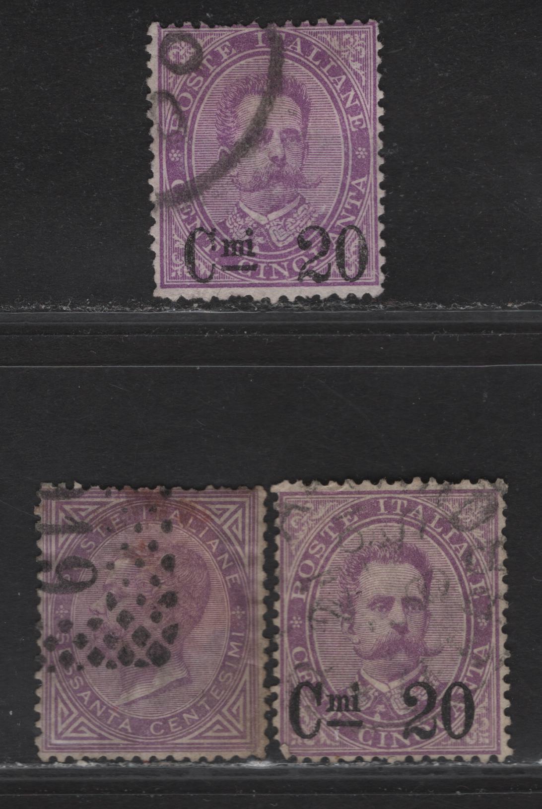Lot 297 Italy SC#32, 66 60c - 20c on 50c Lilac - Violet Victor Emmanuel II, 1863-1891 King Victor Emmanuel II & Surcharge Issues, 3 VeryGood/Fine Used Singles, Two Different Shades Of #66 Typical Centering, #32 Has Some Internal Creases