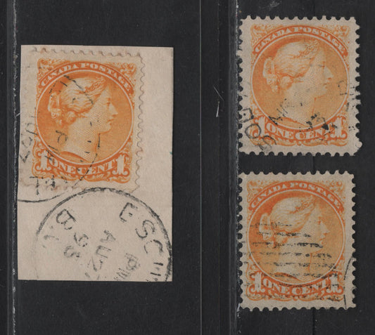 Lot 30 (C) Canada #35 1c Bright Orange Yellow Queen Victoria, 1870-1893 Small Queen Issue, 3 Very Fine Used Singles, Early To Mid Second Ottawa Printings, Papers 2O-N & 2O-S, Perfs 12 & 12x12.1.