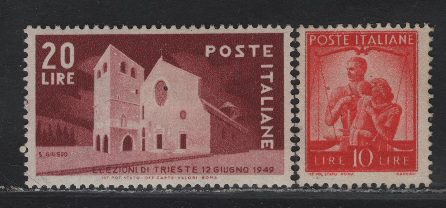 Lot 306 Italy SC#487, 521 10l - 20l Red Orange - Brown Red Cathedral - Family, 1947-1948 Definitives - Trieste Election Issues, 2 FOG/FPOG Singles, 10L Is Heavily Hinged, So More Than Half The Gum Is Disturbed