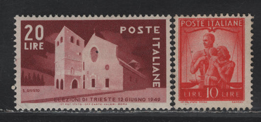 Lot 306 Italy SC#487, 521 10l - 20l Red Orange - Brown Red Cathedral - Family, 1947-1948 Definitives - Trieste Election Issues, 2 FOG/FPOG Singles, 10L Is Heavily Hinged, So More Than Half The Gum Is Disturbed
