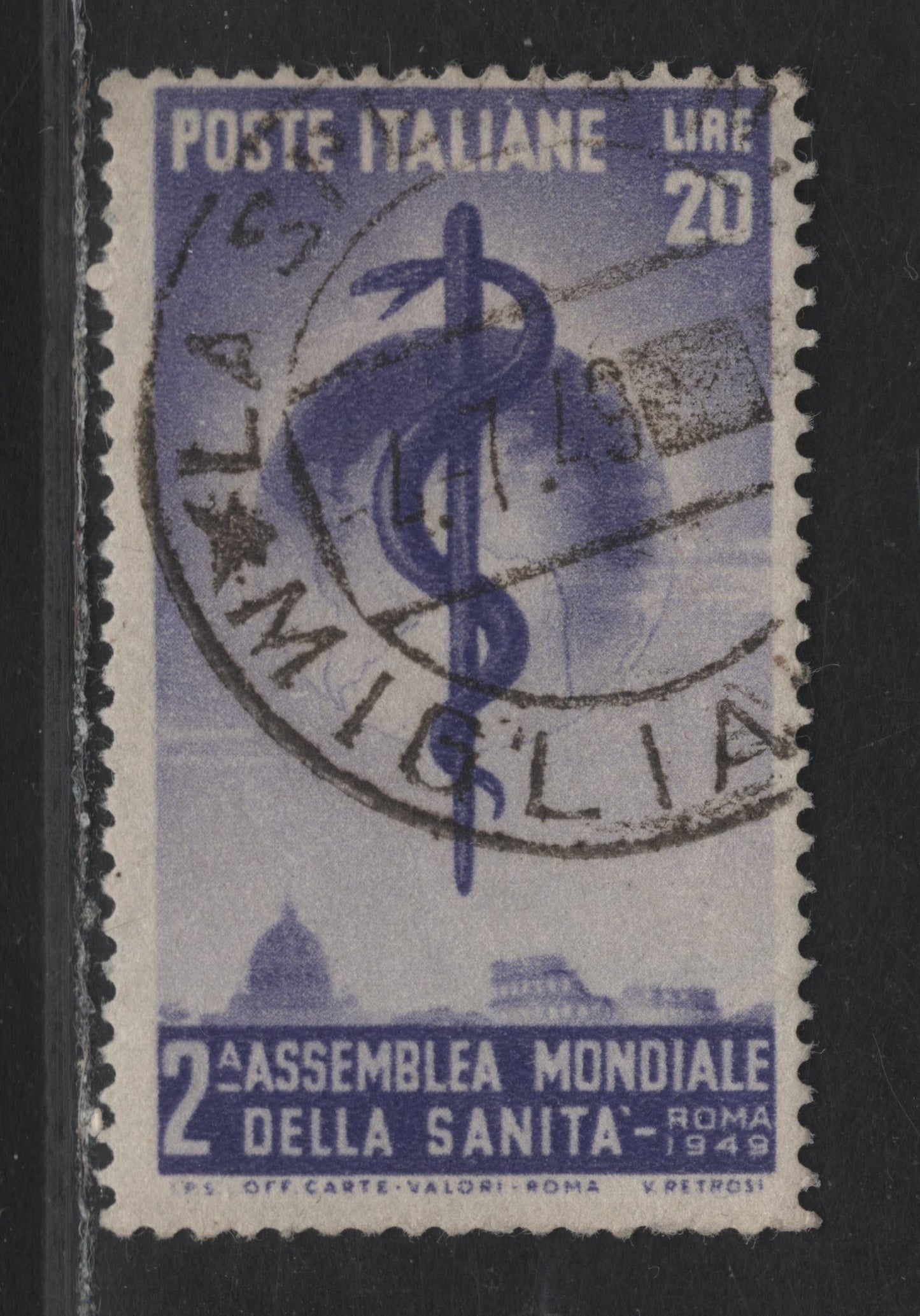 Lot 306A Italy SC#522 20l Violet Staff & Snake, 1949 2nd World Health Congress Issue, A Fine Used Single