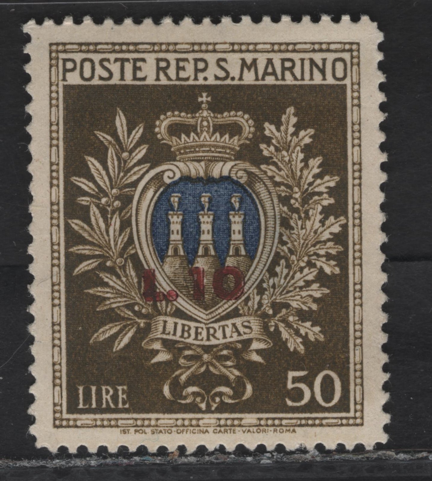 Lot 309 San Marino SC#B26 50l+10l Olive Brown & Dark Blue Coat of Arms, 1946 3rd Philatelic Day Rimini Issue, A VFOG Single