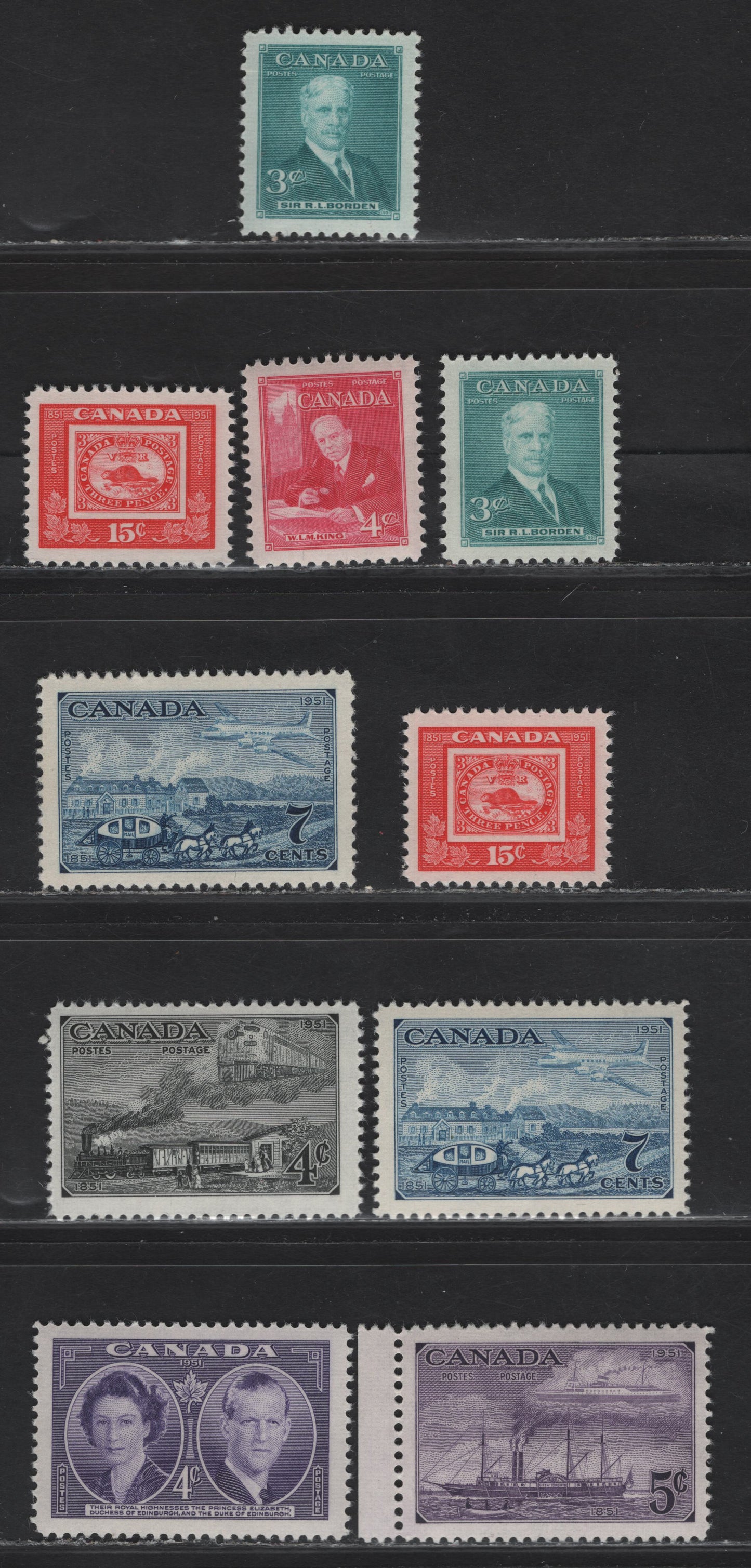 Lot 321 Canada SC#303-304, 311-315 3c - 4c Turquoise Green - Violet Sir Robert Borden - Duchess & Duke Of Edinburgh, 1951 Prime Ministers - Royal Visit Issues, 10 F/VFNH Singles, Includes 2 Shades Of #303 & #313, Smooth & Vertically Ribbed Paper On #314