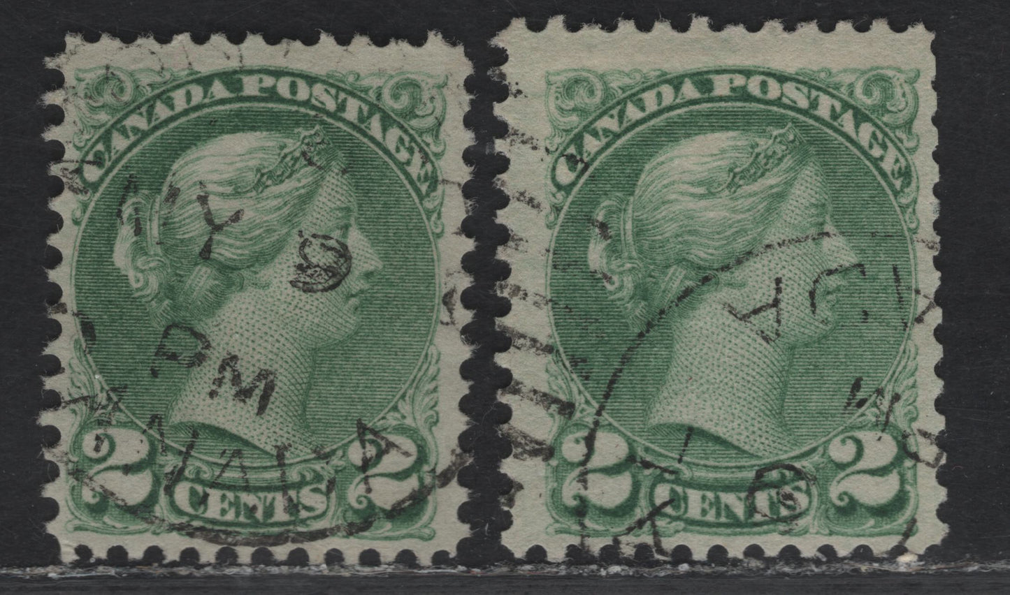 Lot 39 (C) Canada #36i 2c Pale Grass Green Queen Victoria, 1870-1893 Small Queen Issue, 2 Fine/Very Fine Used Singles, Early to Mid Second Ottawa Printings, Paper 2O-E, Perf 12x12.1, Scarcer Shade For This Period.