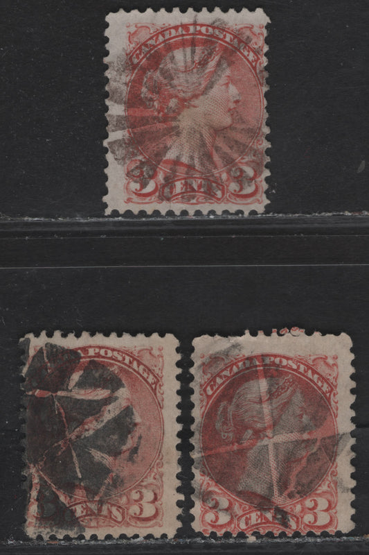 Lot 41 (C) Canada #37a 3c Rose & Deep Rose Queen Victoria, 1870-1893 Small Queen Issue, 3 Good/Very Good Used Singles, First Ottawa Printings, Fancy Geometric Wedge Cork Cancels, Papers FO-F, FO-B & FO-A, Perfs 12, 12x11.9 & 11.85x11.9.