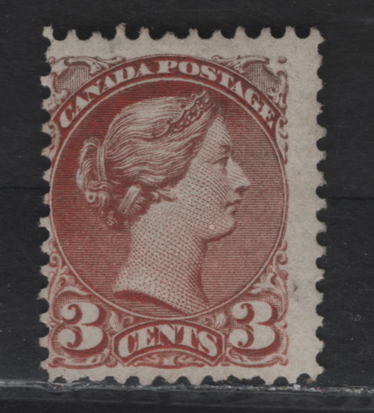 Lot 44 (C) Canada #37ii 3c Dull Red Queen Victoria, 1870-1893 Small Queen Issue, A FOG Single, Mid Montreal Printing, Paper MM-R, Perf 11.75x12, 2/3 of the Gum Is Present & NH, Some Gum Missing Near Bottom of the Stamp.