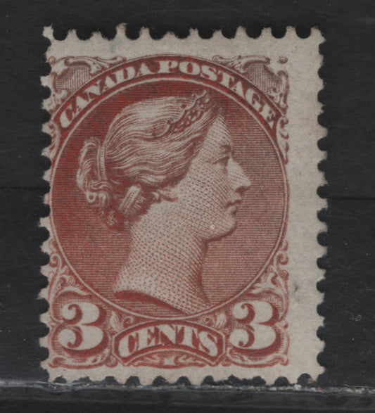 Lot 44 (C) Canada #37ii 3c Dull Red Queen Victoria, 1870-1893 Small Queen Issue, A FOG Single, Mid Montreal Printing, Paper MM-R, Perf 11.75x12, 2/3 of the Gum Is Present & NH, Some Gum Missing Near Bottom of the Stamp.