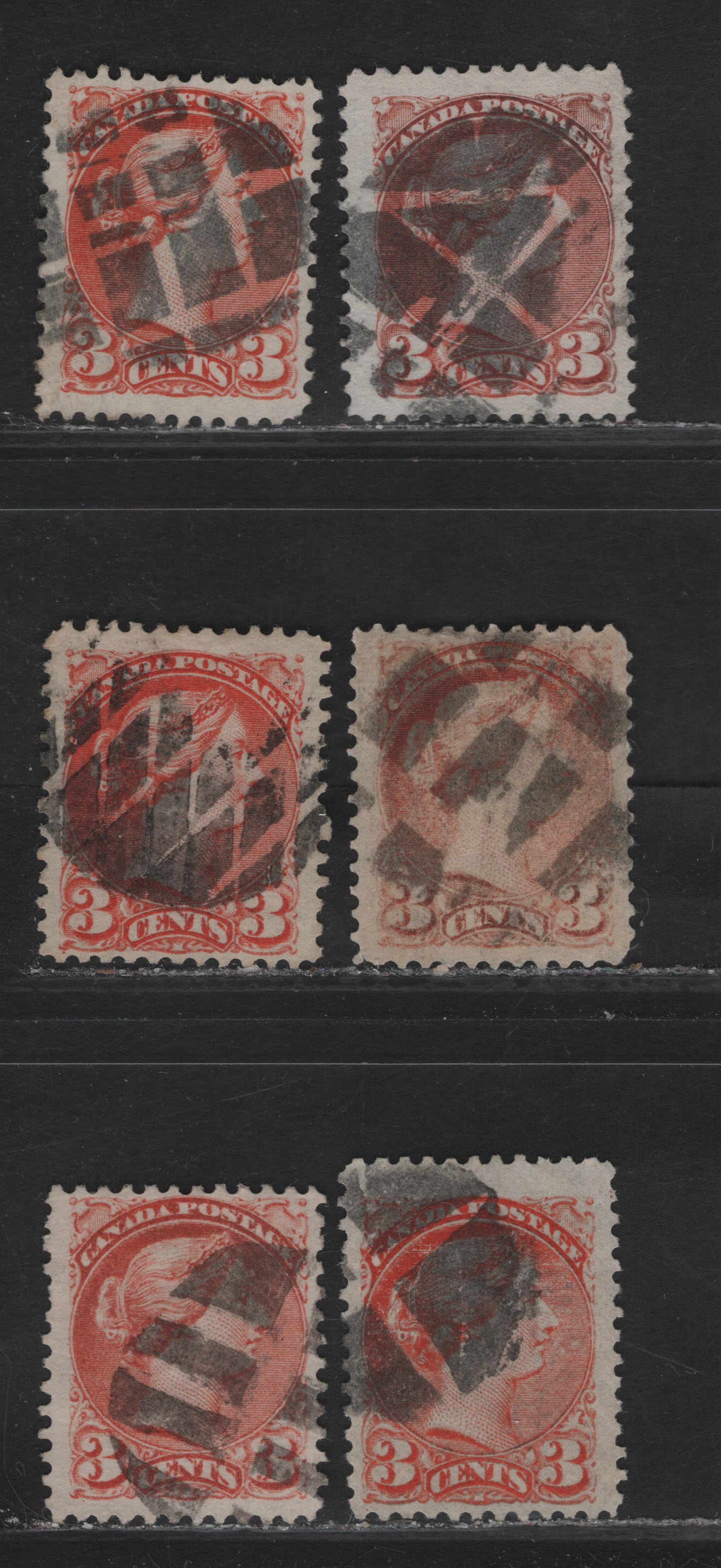Lot 50 (C) Canada #37, 37c 3c Orange Red - Dull Orange Red Queen Victoria, 1870-1893 Small Queen Issue, 6 Very Good/Fine Used Singles, Mid Montreal Printings, Different Papers, Fancy Geometric Cork Cancels, 4 Have Pos. Dots At LL & 2 Have No Dots.