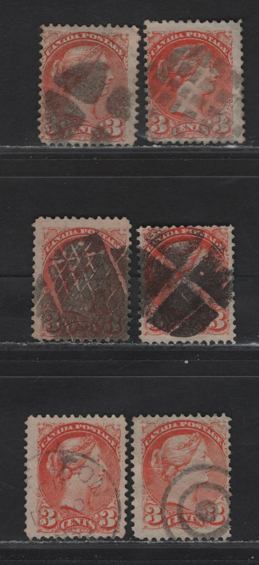 Lot 51 (C) Canada #37a, 37c, 37 3c Orange Red, Dull Orange Red, Rose Red & Dull Red Queen Victoria, 1870-1893 Small Queen Issue, 6 Very Good/Fine Used Singles, Mid & Late Montreal Printings, Different Papers & Cancels