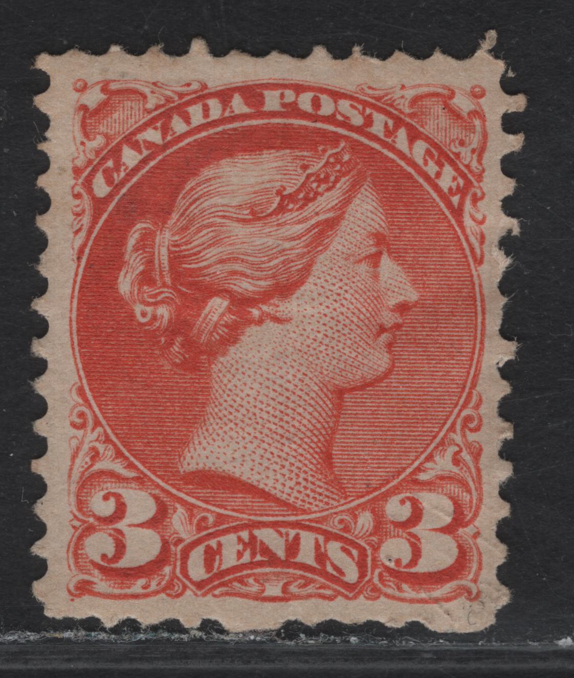 Lot 54 (C) Canada #37 3c Orange Red Queen Victoria, 1870-1893 Small Queen Issue, A Fine Used Single, Mid Montreal Printing, Paper MM-I, Perf 12.