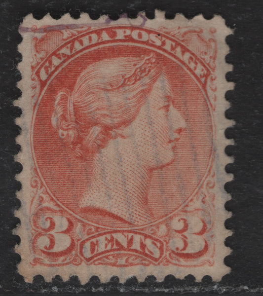Lot 55 (C) Canada #37ii 3c Dull Red Queen Victoria, 1870-1893 Small Queen Issue, A Very Fine Used Single, Mid Montreal Printing, Paper MM-D, Perf 11.75x12.1, Light Diagonal Bend At UR.