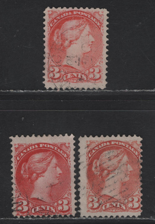 Lot 58 (C) Canada #41a, 41i 3c Rose Carmine, Dull Rose Carmine & Deep Rose Carmine Queen Victoria, 1888-1897 Small Queen Issue, 3 Fine Used Singles, Montreal Gazette Printings, Papers MG-F & MG-H, Perfs 12 & 12x12.25.