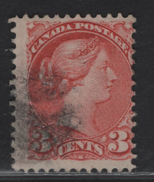 Lot 64 (C) Canada #41i 3c Deep Rose Carmine Queen Victoria, 1870-1893 Small Queen Issue, A Very Good Used Single, Montreal Gazette Printing, Perf 12.25, Paper MM-F.