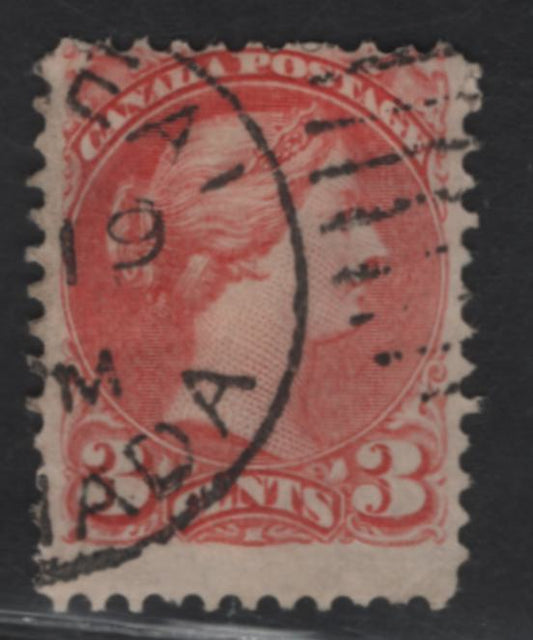 Lot 65 (C)  Canada #41a 3c Rose Carmine Queen Victoria, 1870-1893 Small Queen Issue, A Very Good Used Single, Montreal Gazette Printing, Perf 12x12.25, Paper LM-O.