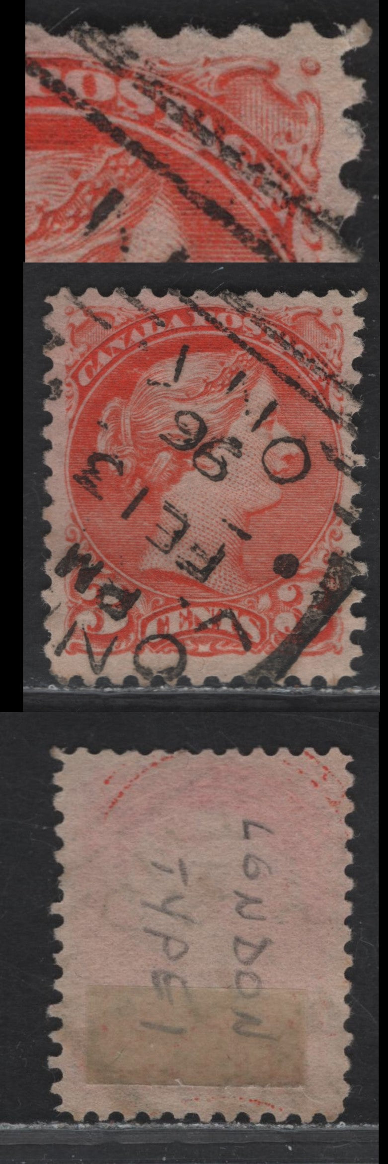 Lot 68 (C) Canada #41var 3c Orange Vermillion Queen Victoria, 1888-1897 Small Queen Issue, A Very Fine Used Single, Late 2nd Ottawa Printing, Paper 2O-AA, Perf 12x11.9, SON Feb 13 1896 Type 2 London Squared Circle Cancel.