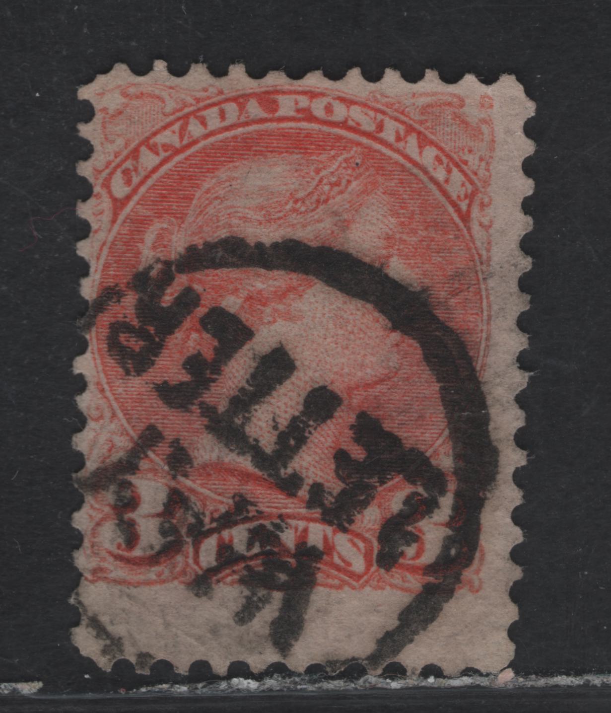 Lot 70 (C) Canada #41 3c Pale Dull Vermillion Queen Victoria, 1888-1897 Small Queen Issue, A Good Used Single, Early 2nd Ottawa Printing, Paper 2O-H, Perf 12, Scarce Wayletter Cancels & Light Diagonal Crease At LL.