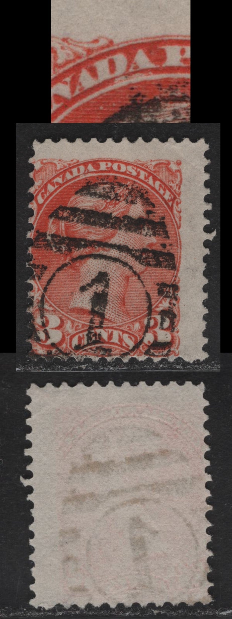 Lot 76 (C) Canada #37iii 3c Deep Orange Red Queen Victoria, 1870-1893 Small Queen Issue, A Very Good Used Single, Mid Montreal Printing, Perf 11.75x12, Paper LM-O, #1 Duplex Cancel, Dry Inking Under 'DA' of 'Canada'.