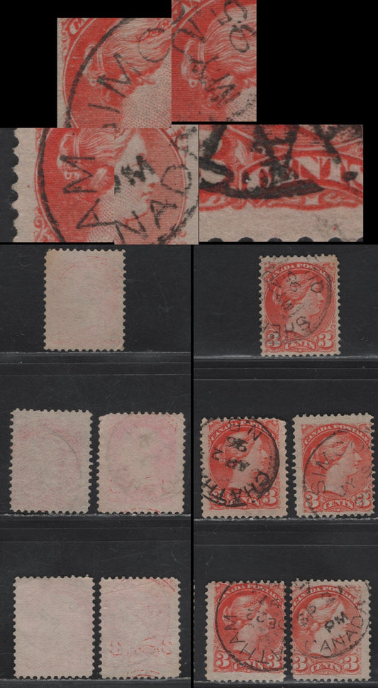 Lot 78 (C) Canada #41 3c Deep Orange Vermillion & Orange Vermillion Queen Victoria, 1888-1897 Small Queen Issue, 5 Good-Very Fine Used Singles, Mid to Late Second Ottawa Printings, All Showing Medallion Pos. Dots At 3, 6 & 9 O'Clock