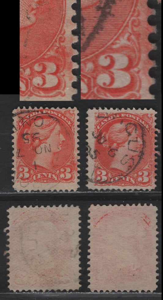 Lot 79 (C) Canada #41var 3c Orange Vermillion Queen Victoria, 1888-1897 Small Queen Issue, 2 Fine Used Singles, Mid 2nd Ottawa Printings, Papers 2O-B & 2O-N, Perf 12, Ink Smudges Into The Right Margin.