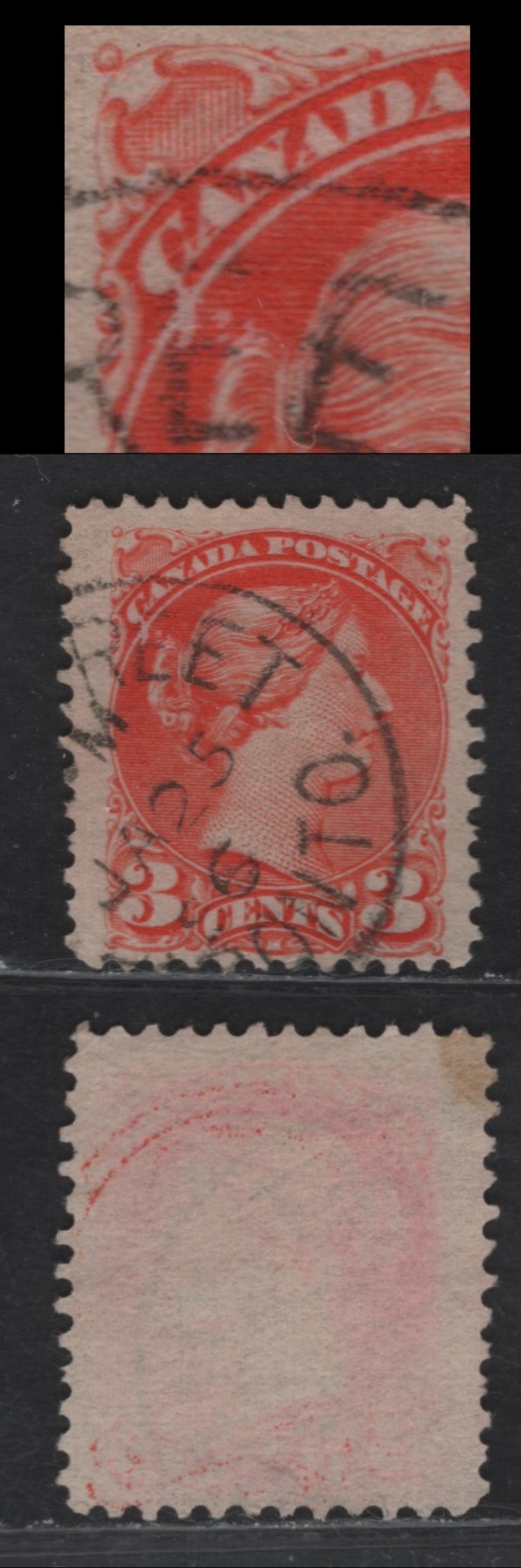 Lot 80 (C) Canada #41var 3c Deep Orange Vermillion Queen Victoria, 1888-1897 Small Queen Issue, A Fine Used Single, Late Second Ottawa Printing, Paper 2O-HH, Perf 12, Showing 'Comma' Flaw Under 'C' of 'Canada'.