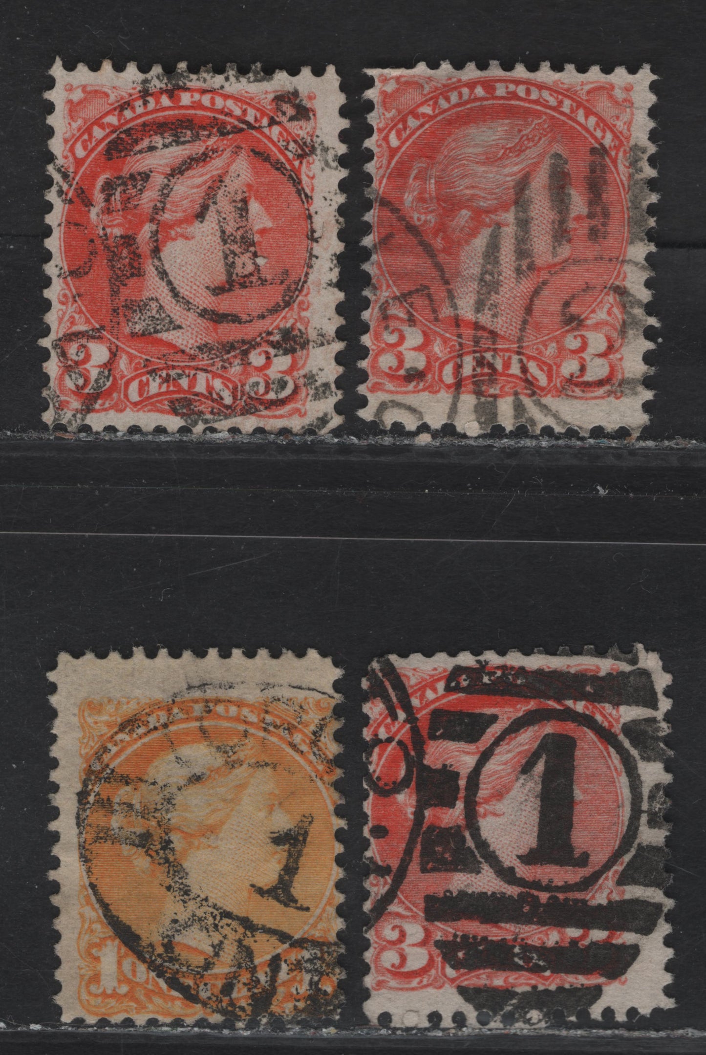 Lot 81 (C) Canada #35, 41 1c - 3c Deep Yellow & Vermillion Queen Victoria, 1870-1897 Small Queen Issue, 4 Very Good/Fine Used Singles, 2nd Ottawa Printings, Various Translucent Papers, #1 & #2 Numeral Duplex Strikes & Toronto Oval Parcel Cancels.