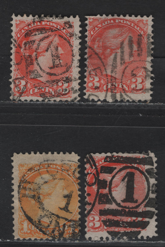 Lot 81 (C) Canada #35, 41 1c - 3c Deep Yellow & Vermillion Queen Victoria, 1870-1897 Small Queen Issue, 4 Very Good/Fine Used Singles, 2nd Ottawa Printings, Various Translucent Papers, #1 & #2 Numeral Duplex Strikes & Toronto Oval Parcel Cancels.