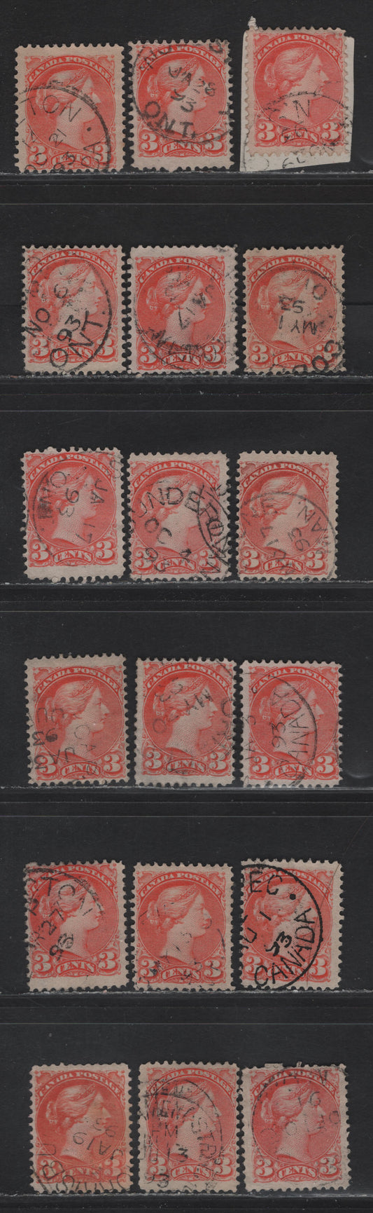 Lot 82 (C) Canada #41 3c Orange Vermillion Queen Victoria, 1888-1897 Small Queen Issue, 17 Fine Used Singles, Early 2nd Ottawa Printings, Different Dates & papers, Nearly All Translucent