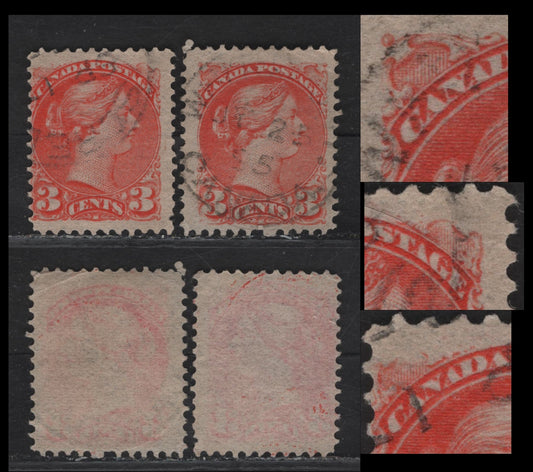 Lot 85 (C) Canada #41var 3c Orange Vermillion Queen Victoria, 1888-1897 Small Queen Issue, 2 Very Good/Fine Used Singles, Mid 2nd Ottawa Printings, paper 2O-HH, Showing Missing Details On The Corner Ornaments.