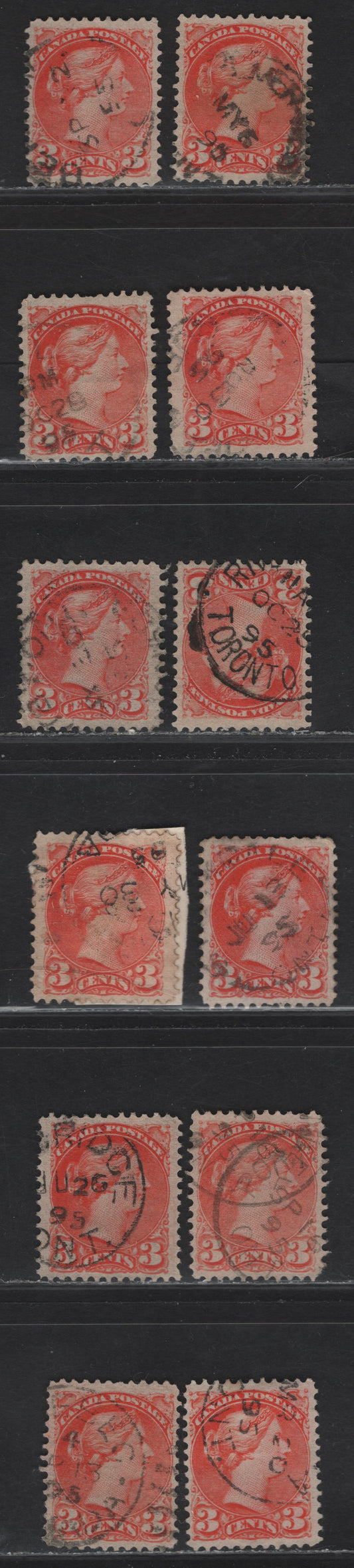 Lot 86 (C) Canada #41 3c Orange Vermillion, vermillion & Pale Vermillion Queen Victoria, 1888-1897 Small Queen Issue, 12 Very Fine Used Singles, Mid 2nd Ottawa Printings, All Dated 1895, Different Papers, Unchecked As To Perfs.
