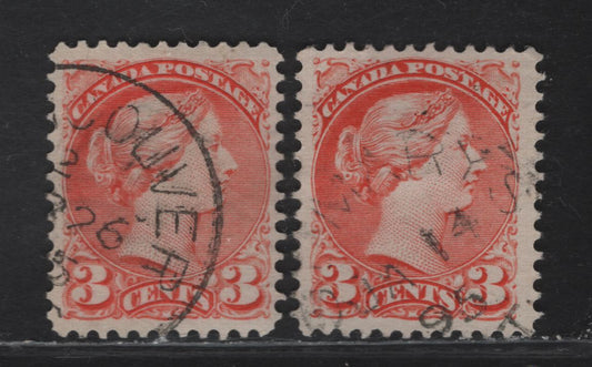 Lot 87 (C) Canada #41var 3c Orange Vermillion Queen Victoria, 1888-1897 Small Queen Issue, 2 Very Fine Used Singles, Mid 2nd Ottawa Printings, Papers 2O-I, Dated 1895, One With St Mary's Split Ring Cancel.