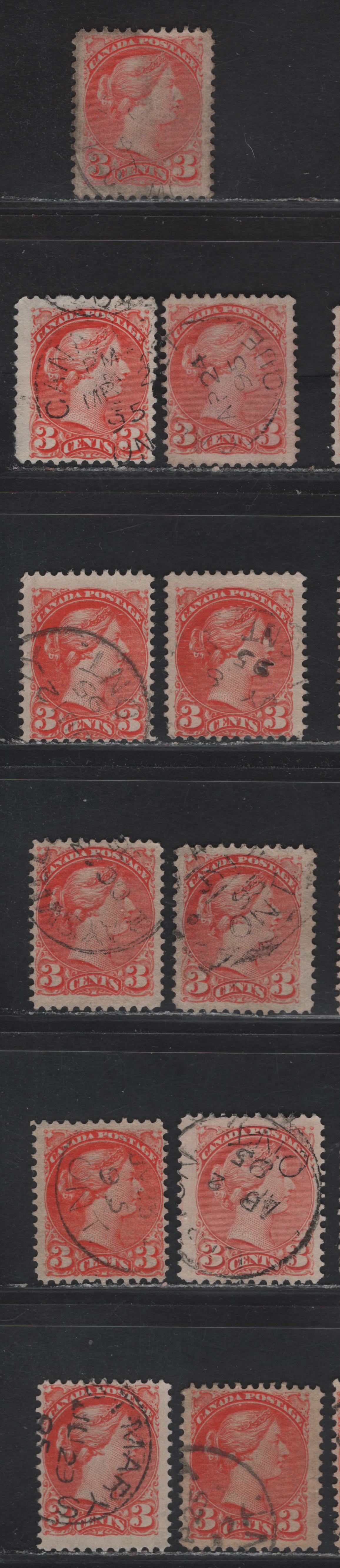 Lot 89 (C) Canada #41 3c Vermillion Queen Victoria, 1888-1897 Small Queen Issue, 11 Fine Used Singles, Different 1895 Dates Taken From A Calender Collection, Various Shades Papers & perfs