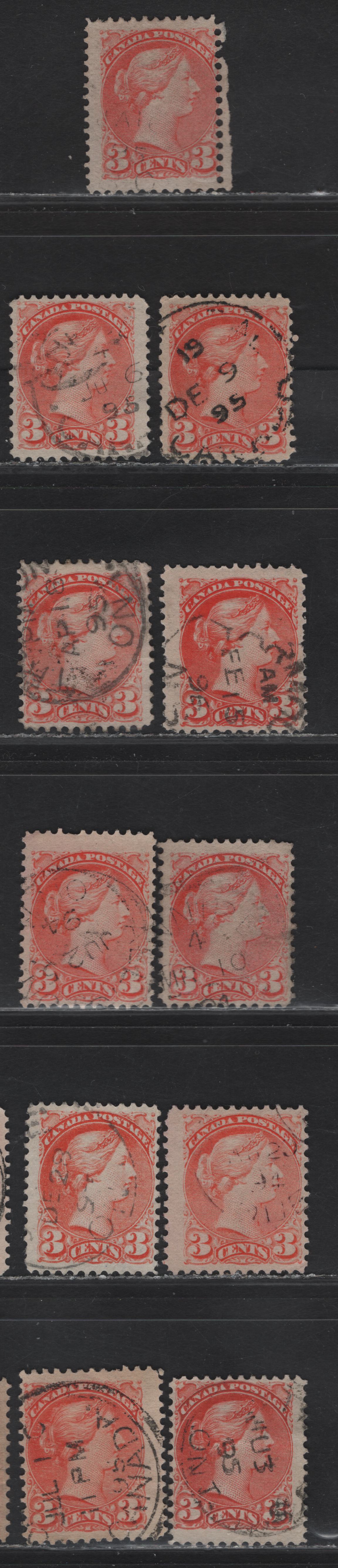 Lot 90 (C) Canada #41 3c Vermillion Queen Victoria, 1888-1897 Small Queen Issue, 11 Fine Used Singles, Mid 2nd Ottawa Printings, Dated 1894 & 1895, All Different Dates, Shades, Papers & Perfs.