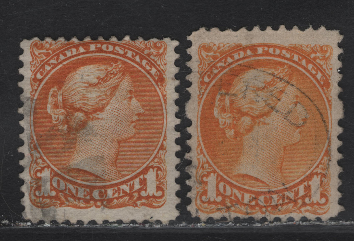 Lot 9 (C) Canada #35d, 35a 1c Yellow Orange - Orange Queen Victoria, 1870-1893 Small Queen Issue, 2 Fine Used Singles, Early-Mid Montreal & Early Montreal Printings, Papers MM-D & EM-C, Perfs 11.5x12 & 12, One With No Pos. Dot, Other At LL.