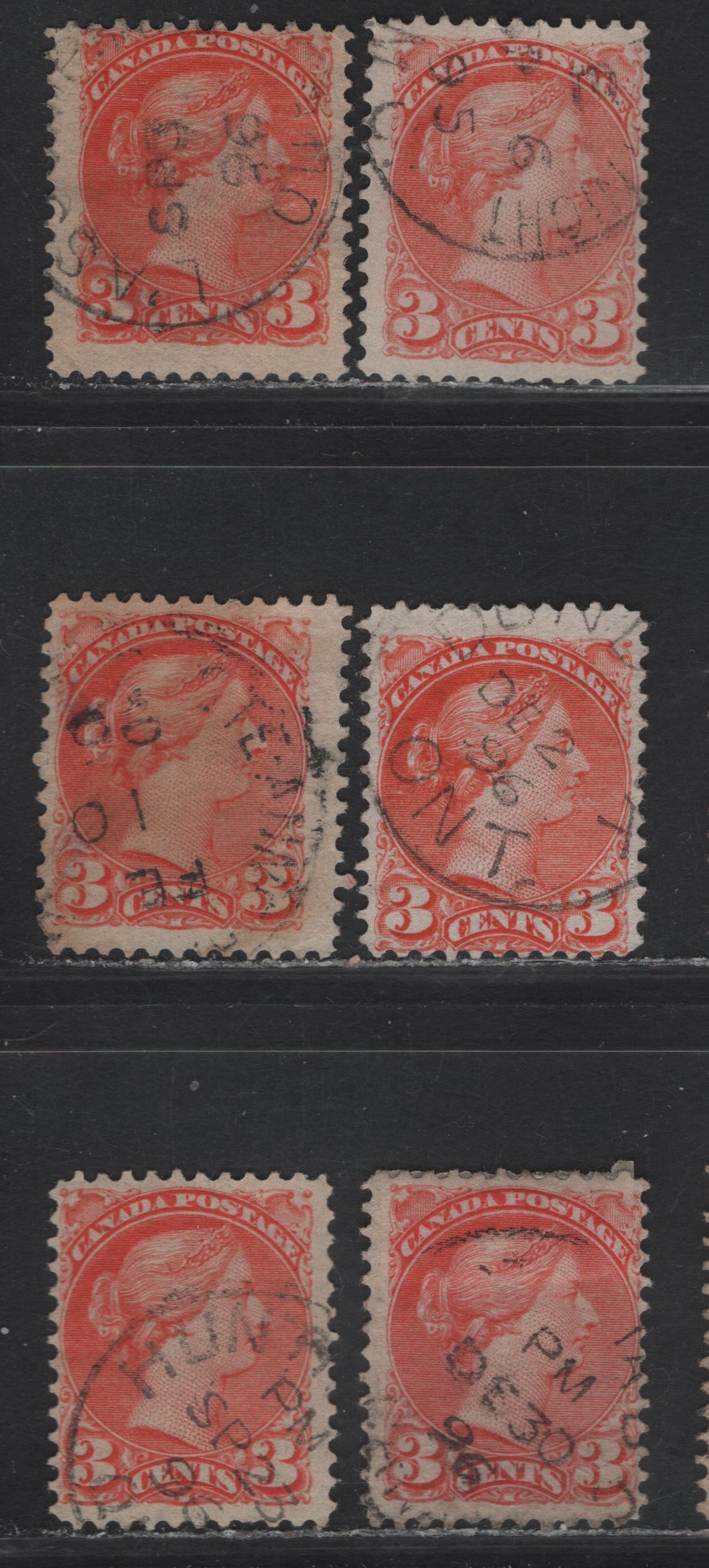 Lot 93 (C) Canada #41 3c Orange Vermillion Queen Victoria, 1888-1897 Small Queen Issue, 6 Fine Used Singles, Mid To Late Second Ottawa Printings, Different 1895 & 1896 Dates, All Are On Translucent Paper Types & Presumed To Be Perf 12.