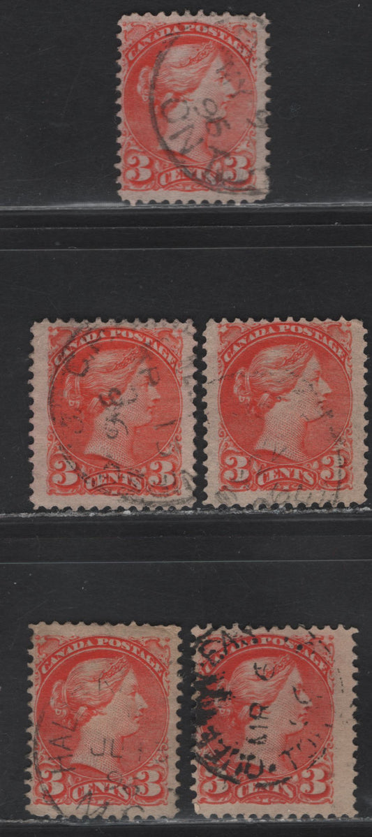 Lot 94 (C) Canada #41 3c Orange Vermillion Queen Victoria, 1888-1897 Small Queen Issue, 5 Fine Used Singles, All On Translucent Papers, All Different Shades & All Cancelled With Different 1896 Dates