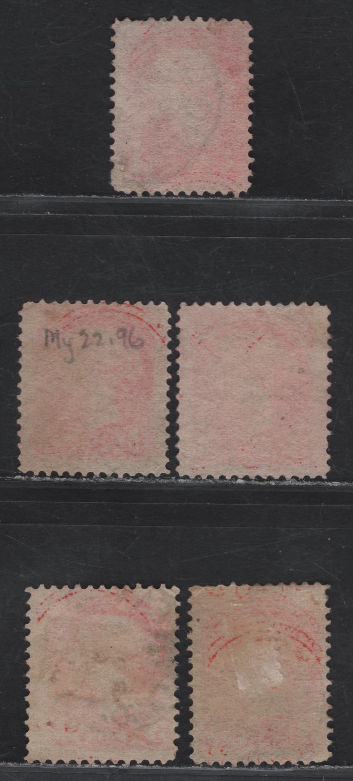 Lot 94 (C) Canada #41 3c Orange Vermillion Queen Victoria, 1888-1897 Small Queen Issue, 5 Fine Used Singles, All On Translucent Papers, All Different Shades & All Cancelled With Different 1896 Dates