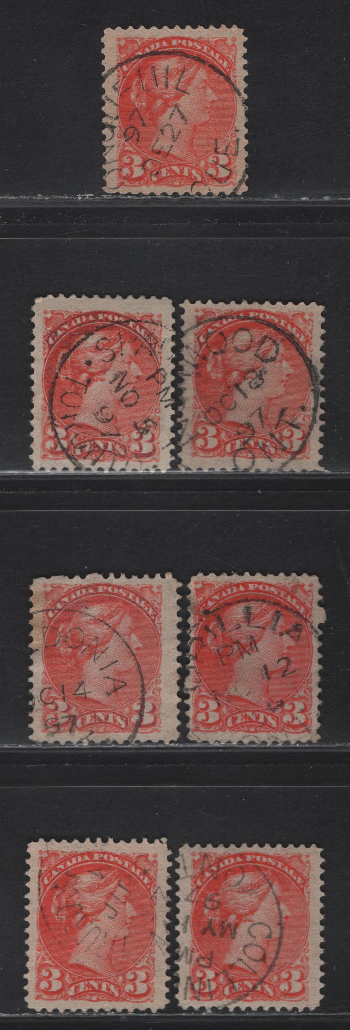 Lot 98 (C) Canada #41 3c Vermillion & Orange Vermillion Queen Victoria, 1888-1897 Small Queen Issue, 7 Very Fine Used Singles, Large Margins, 1897 Dates, All On Translucent Horizontal Wove Papers, Unchecked As To Perfs, But Presumed To Be 12.