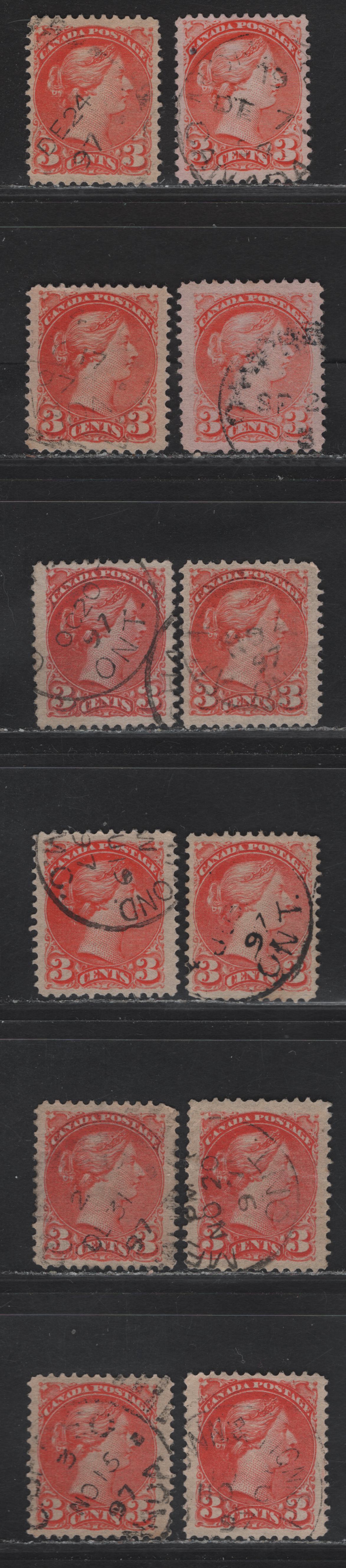 Lot 99 (C) Canada #41 3c Vermillion & Orange Vermillion Queen Victoria, 1888-1897 Small Queen Issue, 11 Very Fine Used Singles, Late 2nd Ottawa Printings, 1897 Dates, All Different, All On Translucent Horizontal Wove Papers, Unchecked For Perfs.