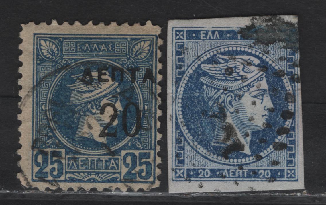 Lot 10A Greece SC#20b, 140 2ol - 2ol on 25l Dark Blue on Bluish - Dull Blue Hermes Head, 1862-1900 Large Hermes Head - Surcharged Small Hermes Head Issues, 2 Good - Fine Used Singles