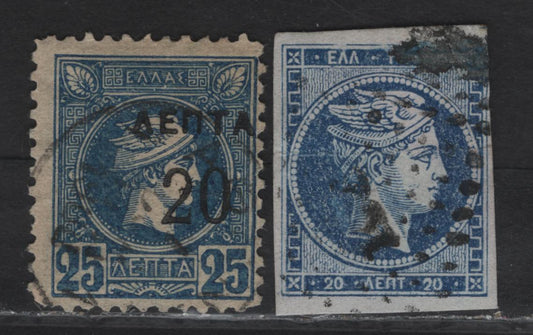 Lot 10A Greece SC#20b, 140 2ol - 2ol on 25l Dark Blue on Bluish - Dull Blue Hermes Head, 1862-1900 Large Hermes Head - Surcharged Small Hermes Head Issues, 2 Good - Fine Used Singles