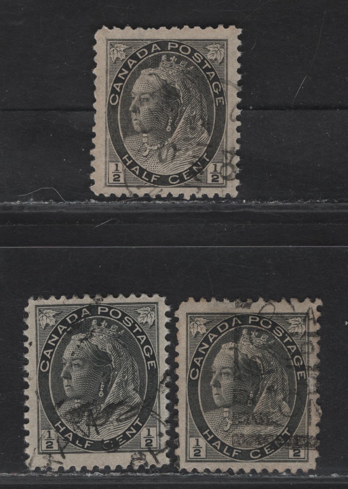 (C) Canada #74 1/2c Black & Gray Black Queen Victoria, 1898-1902 Numeral Issue, 3 Very Fine Used Singles, Papers ABN-X, ABN-AA & ABN-OO