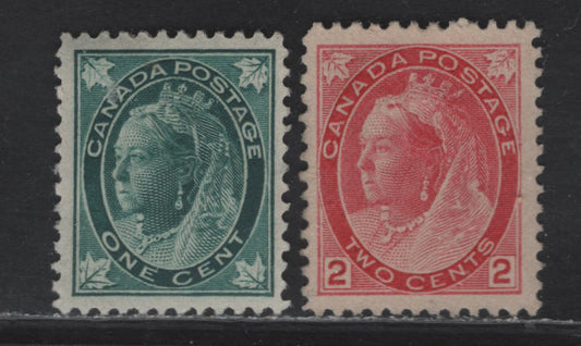 Lot 124 (C) Canada #67, 77a 1c - 2c Blue Green - Pale Carmine Red Queen Victoria, 1897-1902 Maple Leaf - Numeral Issues, 2 Very Fine Unused Singles, Paper ABN-AA, Perf 11.9x12