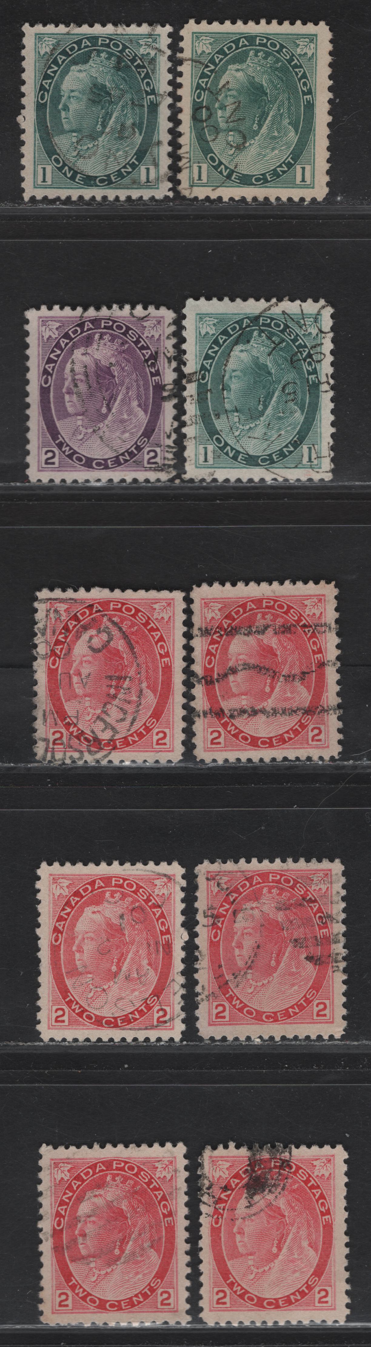 Lot 128 (C) Canada #75ii, 76, 77, 77xx 1c - 2c Blue Green - Carmine Rose Queen Victoria, 1898-1902 Numeral Issue, 10 Very Fine Used Singles, Different Papers & Perfs