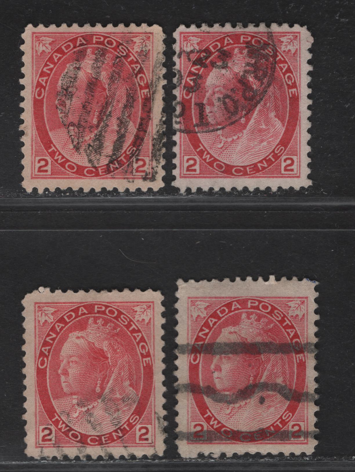 Lot 138 (C) Canada #77a, 77xxa 2c Carmine Red Shades, 1898-1902 Queen Victoria Numeral Issue, 4 VF Used Singles Die 2, On Various Papers, One Precancel, Perfs Unchecked