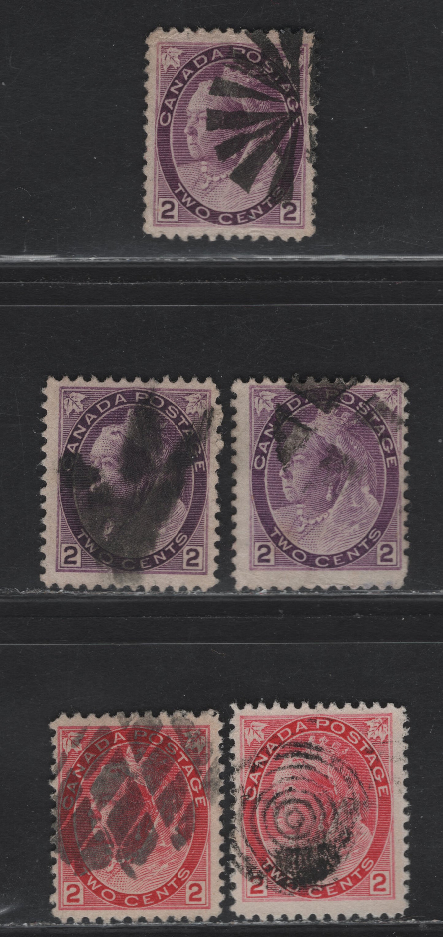 Lot 140 (C) Canada #76, 76i, 77 2c Purple, 2c Violet, 2c Carmine Red, 1898-1902 Queen Victoria Numeral Issue, 5 F & VF Used Singles Fancy Cancels & Non Date Stamp Or Non-Machine Cancels.Quite Scarce During This Period