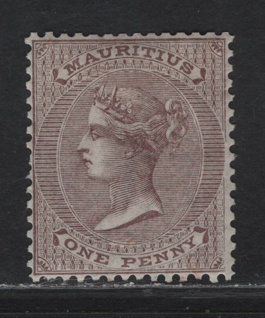 Lot 15 Mauritius SG#56w 1d Purple Brown Queen Victoria, 1863-1872 Queen Victoria Surface Printed Issue, A VFOG Single, Inverted Crown CC Wmk