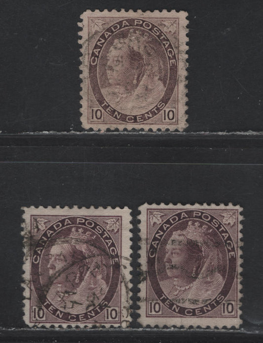 Lot 170 (C) Canada #83, 83i, 83xx 10c Dull Brown Violet - Deep Brown Purple Queen Victoria, 1898-1902 Numeral Issue, 3 Fine Used Singles, Papers ABN-RR & ABN-CC, Perfs 11.9x12, 12x11.9 & 12.9, Including One With Precancel.