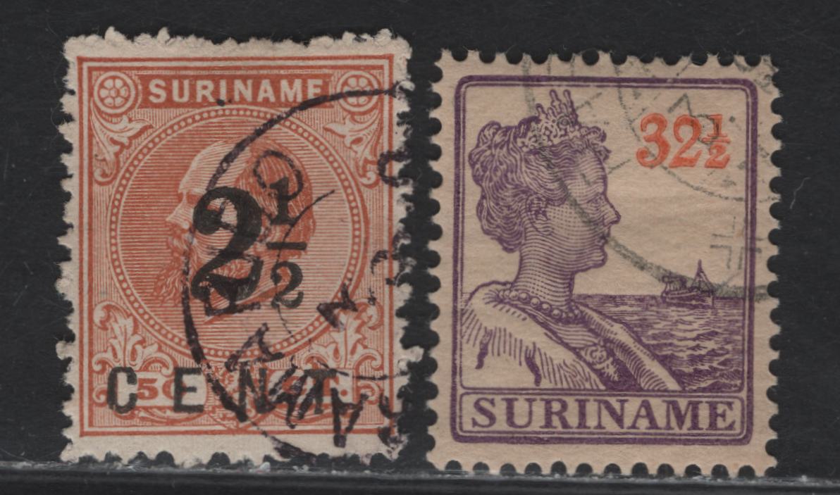 Lot 18 Surinam SC#23a, 103 2.5c on 50c - 32.5c Orange Brown - Violet & Orange Surcharged - Queen Wilhemina, 1892-1931 Surcharges & Queen Wilhelmina Issues, 2 Very Fine Used Singles, #103 Is CTO