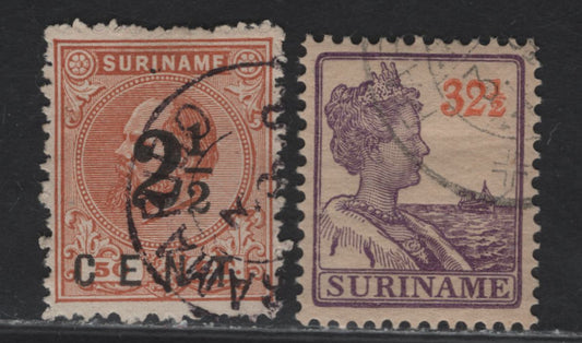 Lot 18 Surinam SC#23a, 103 2.5c on 50c - 32.5c Orange Brown - Violet & Orange Surcharged - Queen Wilhemina, 1892-1931 Surcharges & Queen Wilhelmina Issues, 2 Very Fine Used Singles, #103 Is CTO