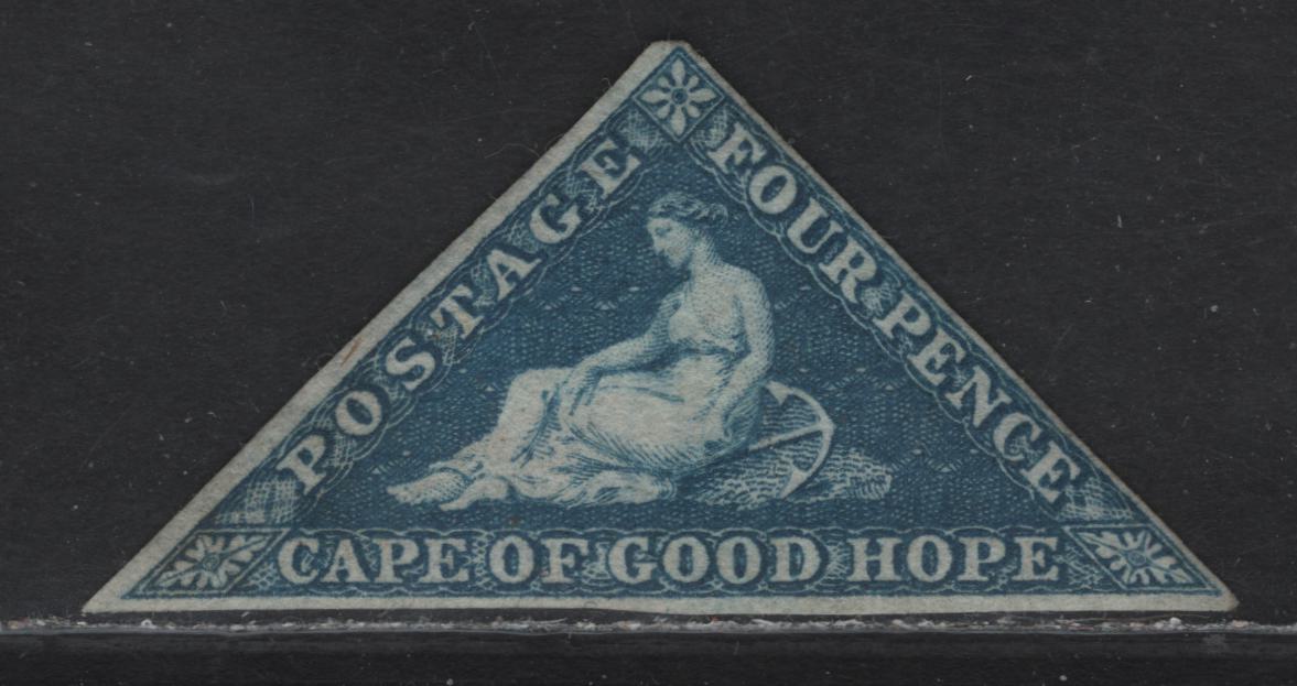 Lot 2 Cape of Good Hope SG#4a 4d Blue Reclining Hope, 1853 Reclining Hope Issue, A FOG Single, 3 Clear Margins - 1 Full & Two Close, Scarce Mint Stamp, Large Part Gum Which Appears To Be Original, But Cert Says Has Been Added.